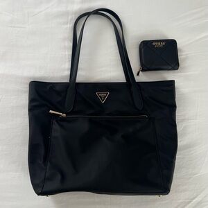 Guess Nylon Black Zipper Tote with Leather Wallet